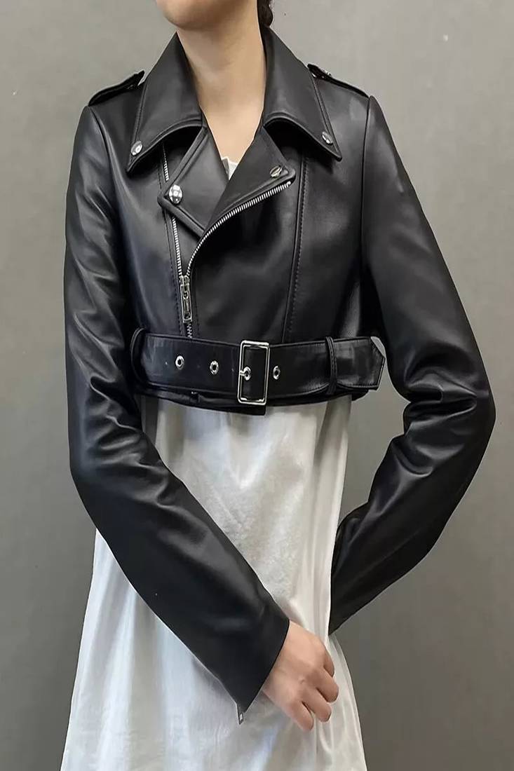 Women’s real soft lambskin leather jacket black short motorcycle biker stylish slim fit