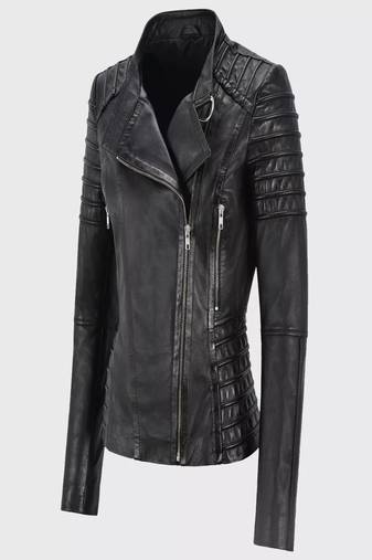 women's genuine lambskin leather biker jacket classic moto zip style modern authentic