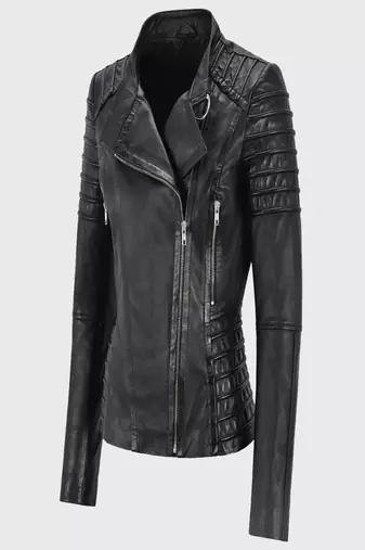 women's genuine lambskin leather biker jacket classic moto zip style modern authentic
