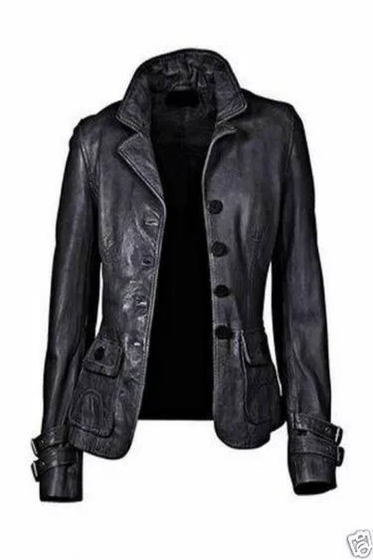 Women’s black leather short jacket cropped slim fit classic style coat