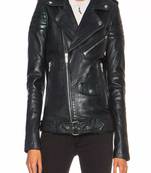 Women’s black leather biker jacket slim fit quilted motorcycle zip-up