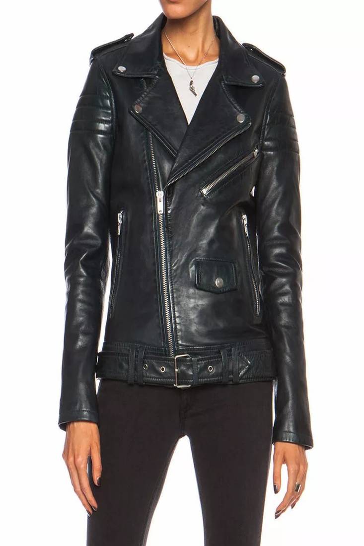 Women’s black leather biker jacket slim fit quilted motorcycle zip-up