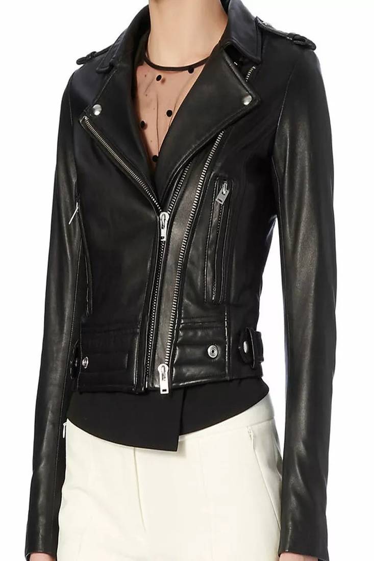 Women’s real lambskin black leather jacket western style motorcycle