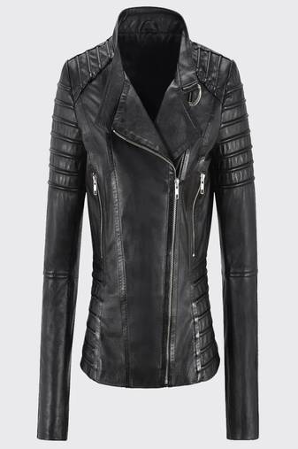 women's black lambskin leather biker jacket classic moto zip style authentic elite