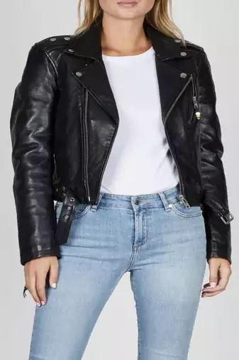 women's black lambskin leather biker jacket classic moto zip style authentic select