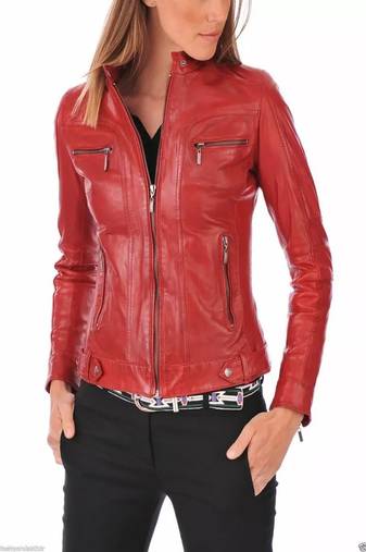 women's red lambskin leather biker jacket classic moto zip style versatile