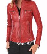 Women’s genuine lambskin leather jacket red moto biker slim fit classic