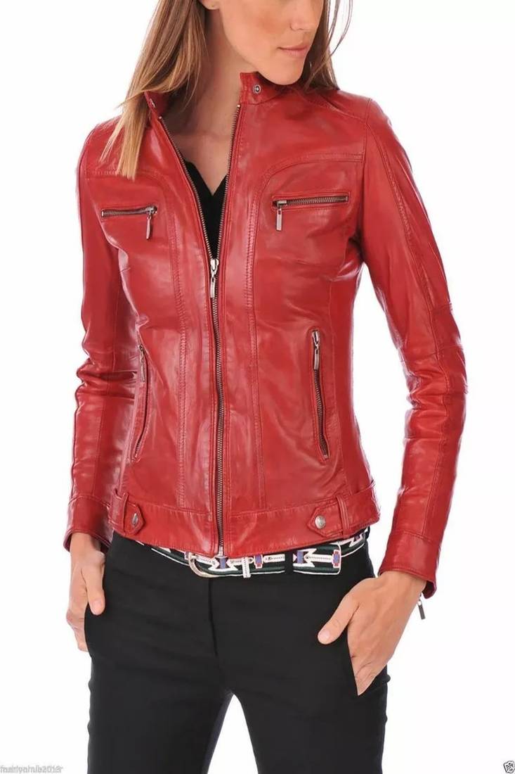 Women’s genuine lambskin leather jacket red moto biker slim fit classic