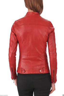 women's red lambskin leather biker jacket classic moto zip style versatile 2