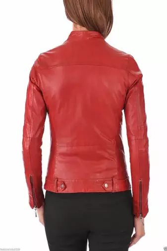 women's red lambskin leather biker jacket classic moto zip style versatile