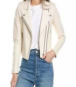 Women’s genuine  design soft lambskin leather jacket biker slim fit white color