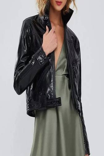 women's black lambskin leather jacket classic zip up style genuine