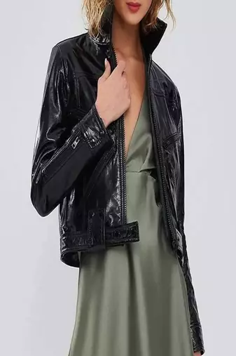 women's black lambskin leather jacket classic zip up style genuine