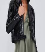 Women’s black lambskin leather cropped jacket simple bottom  front casual style