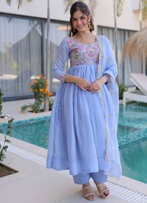 Womens mal chanderi with beads embroidery-work gown set 1