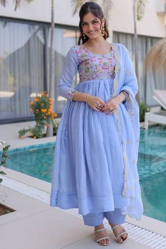 Womens  mal chanderi with beads embroidery-work gown set