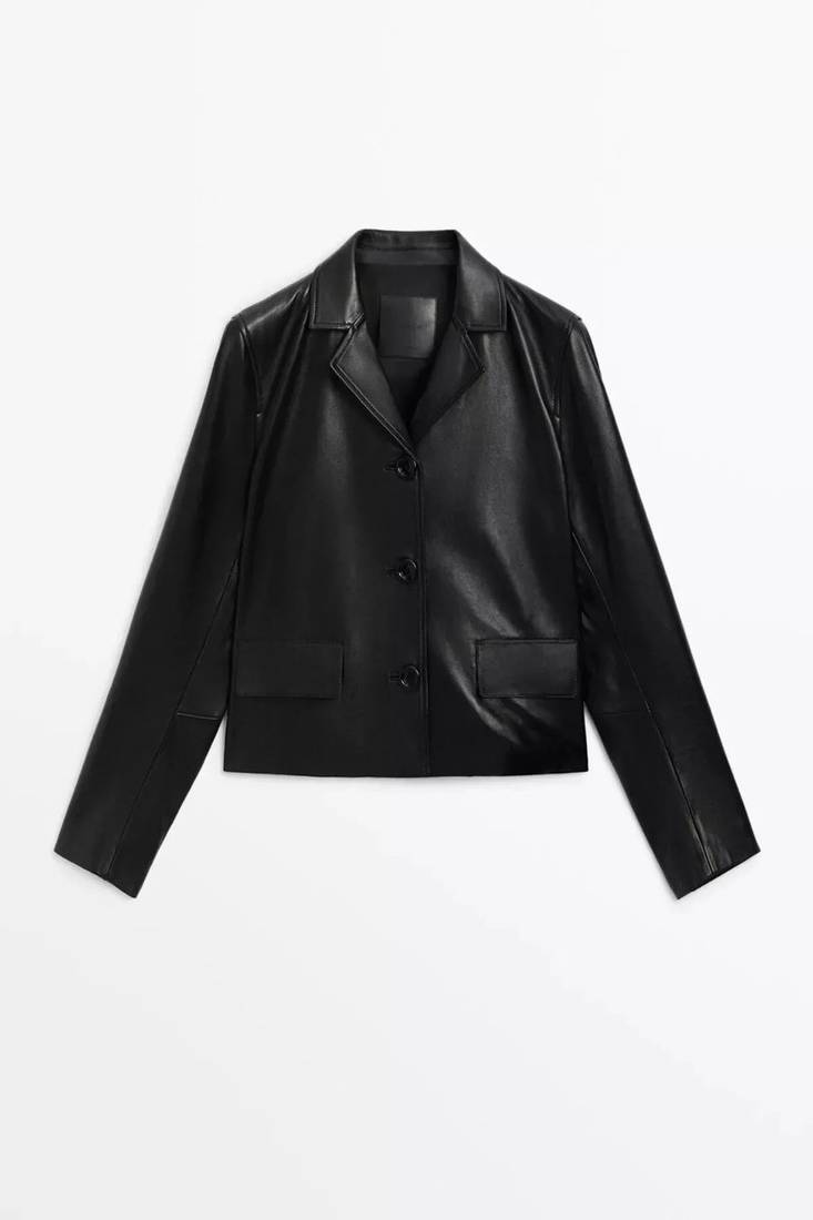 Women’s black color lambskin leather cropped jacket front casual style