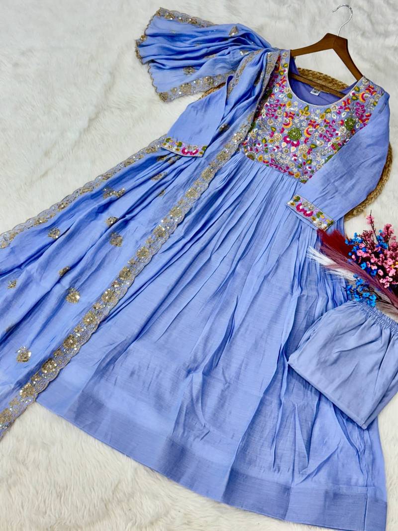 Womens  mal chanderi with beads embroidery-work gown set