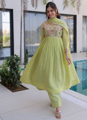 Womens mal chanderi with beads embroidery-work gown set 1