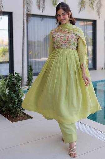 Womens  mal chanderi with beads embroidery-work gown set