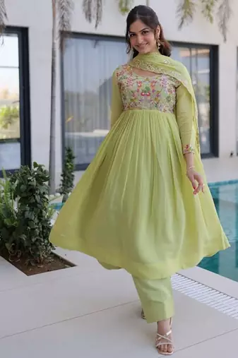 Womens  mal chanderi with beads embroidery-work gown set