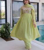 Womens  mal chanderi with beads embroidery-work gown set