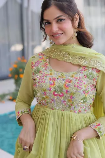 Womens mal chanderi with beads embroidery-work gown set