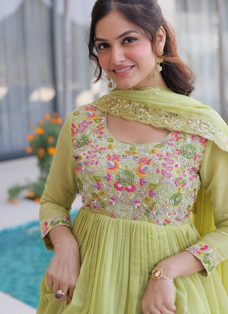 Womens  mal chanderi with beads embroidery-work gown set