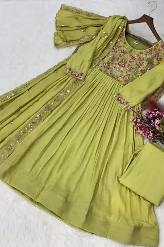 Womens mal chanderi with beads embroidery-work gown set