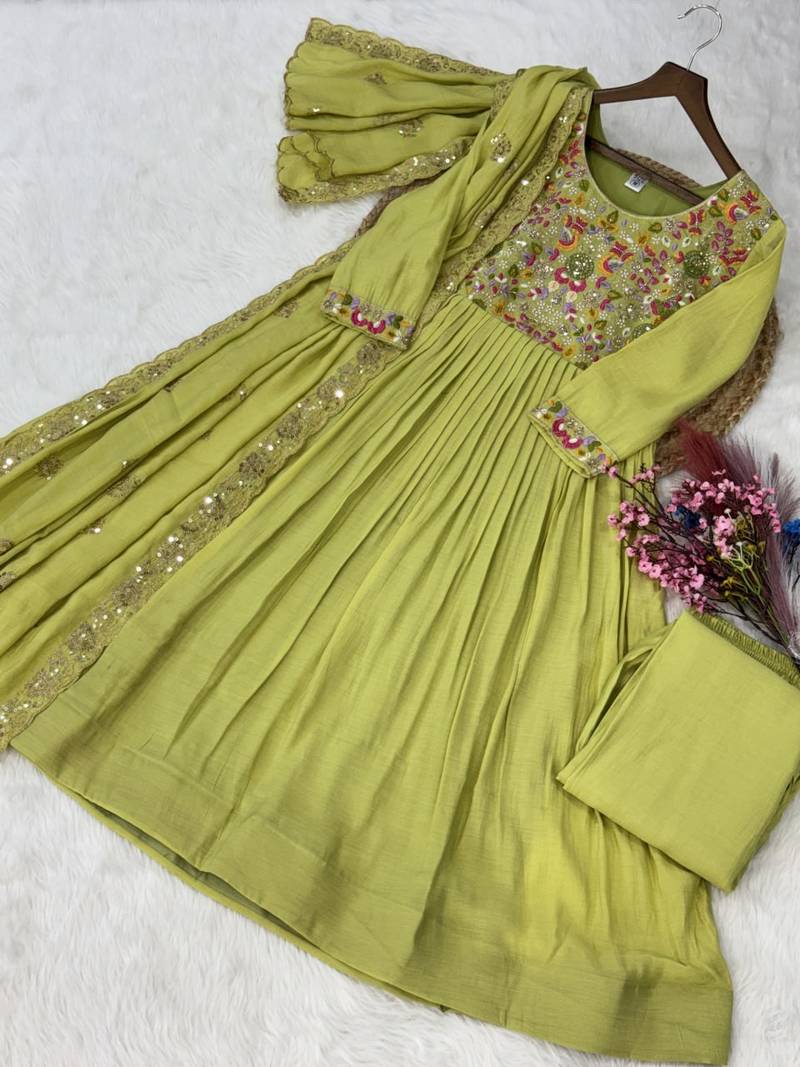 Womens  mal chanderi with beads embroidery-work gown set