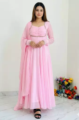 Blush pink georgette flared anarkali suit set with dupatta