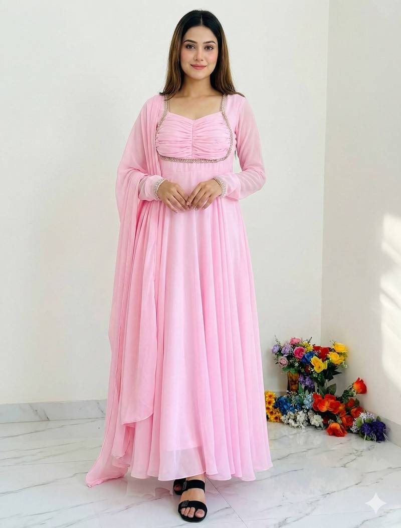 Blush pink georgette flared anarkali suit set with dupatta