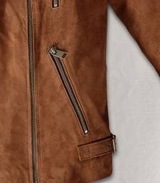 Women’s brown leather cropped jacket minimalist zip detail slim fit style