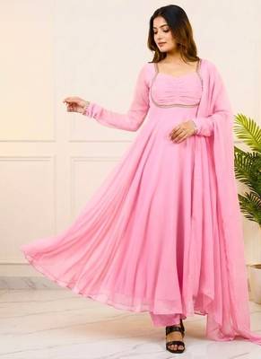 Blush pink georgette flared anarkali suit set with dupatta 3