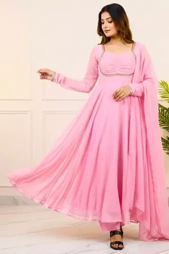 Blush pink georgette flared anarkali suit set with dupatta
