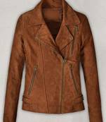 Women’s brown leather cropped jacket minimalist zip detail slim fit style