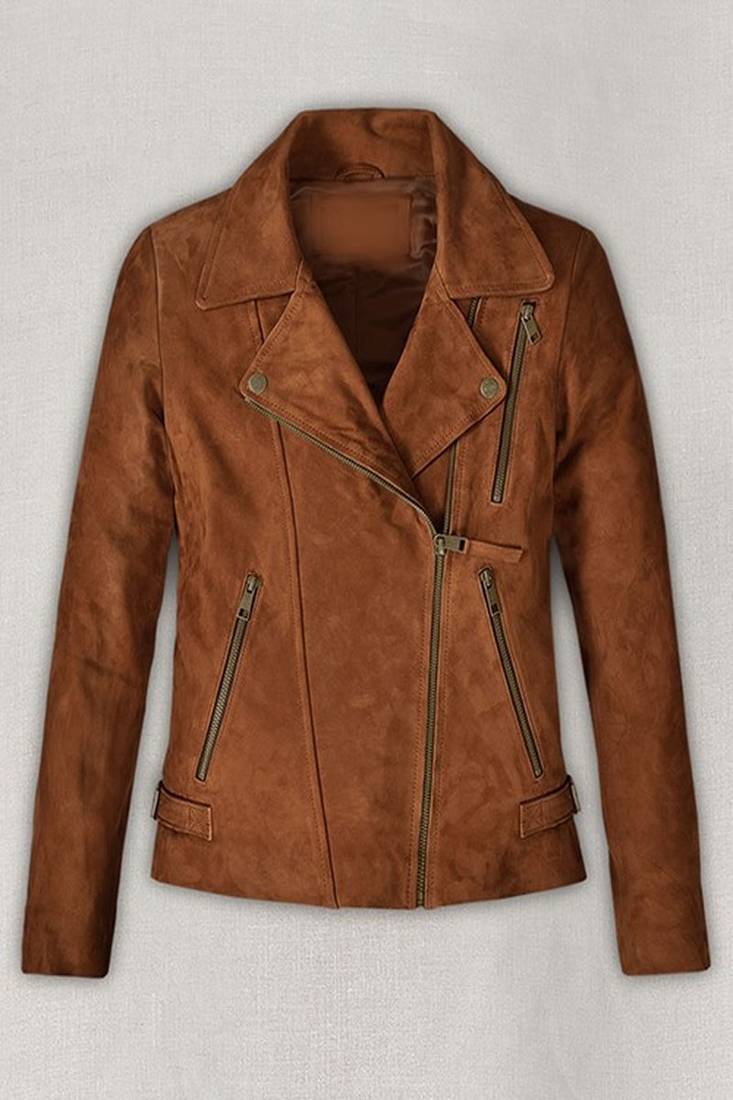 Women’s brown leather cropped jacket minimalist zip detail slim fit style