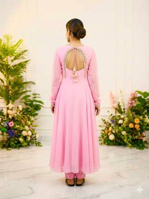 Blush pink georgette flared anarkali suit set with dupatta 4