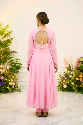 Blush pink georgette flared anarkali suit set with dupatta