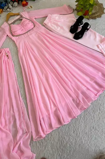 Blush pink georgette flared anarkali suit set with dupatta