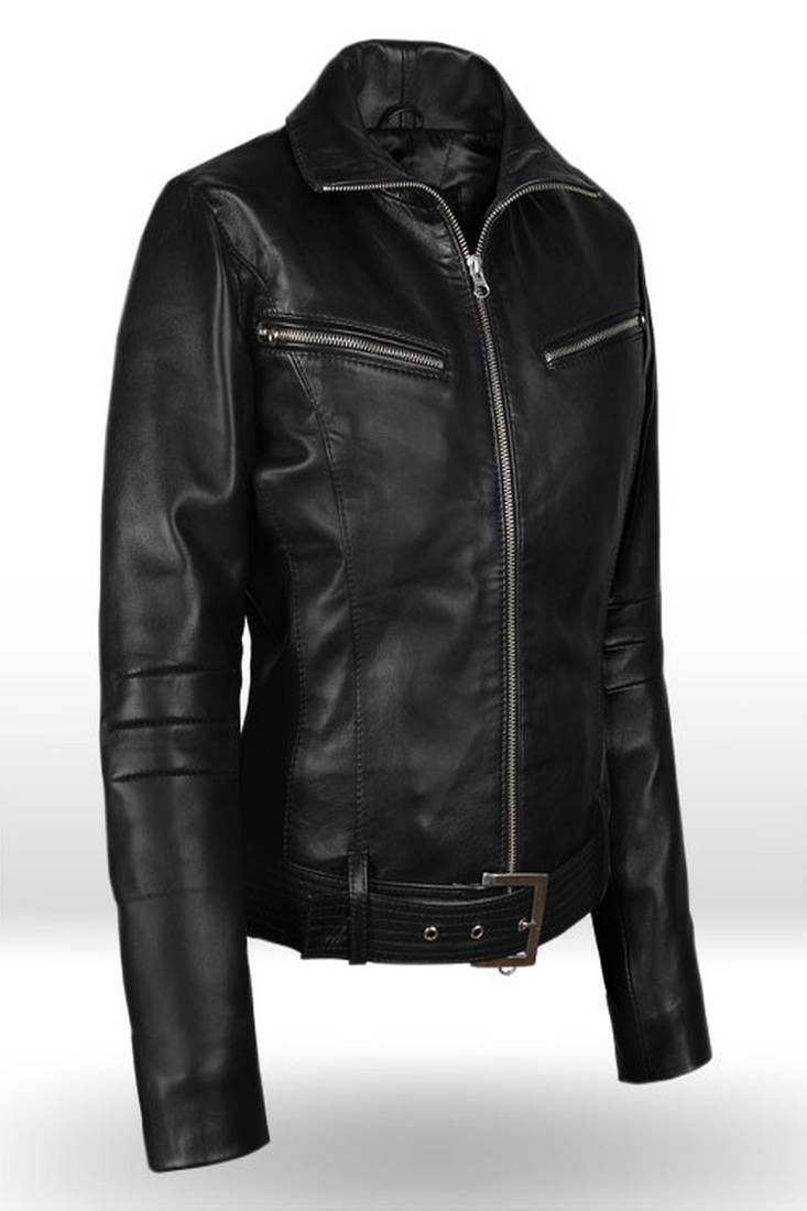 Women's black color leather jacket biker motorcycle slim fit stylish classic look