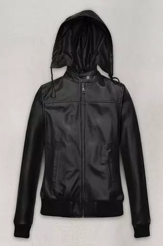 women's black lambskin leather biker jacket hooded biker silhouette