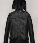 Women’s genuine soft black hoodie lambskin leather jacket moto biker slim fit classic