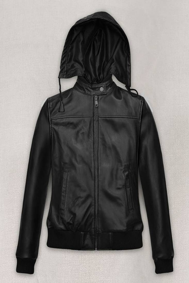 Women’s genuine soft black hoodie lambskin leather jacket moto biker slim fit classic