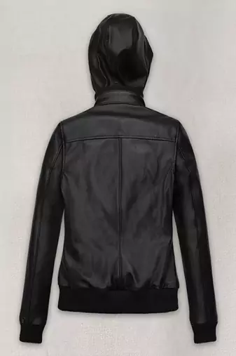 women's black lambskin leather biker jacket hooded biker silhouette