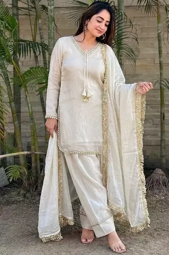 New  solid punjabi salwar kurti set with golden lace work kurta set