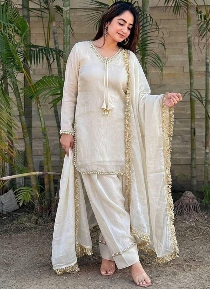 New  solid punjabi salwar kurti set with golden lace work kurta set