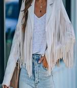 Women’s stylist fringed white genuine leather cropped jacket short classic look jacket