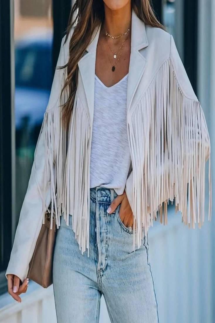 Women’s stylist fringed white genuine leather cropped jacket short classic look jacket