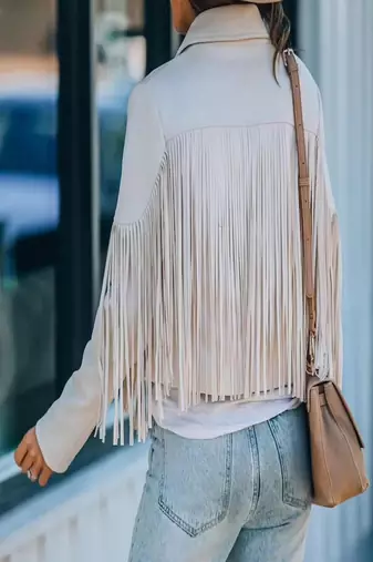 women's white premium lambskin leather jacket fringed western design